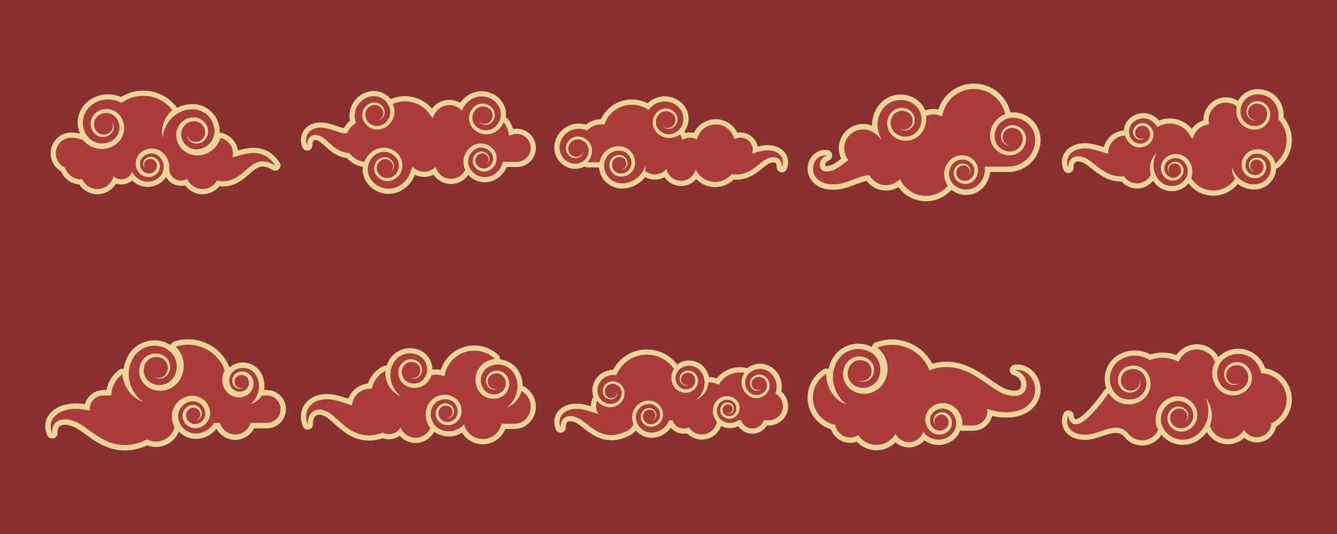 Golden And Red Modern Chinese New Year Cloud Decoration Set On Red Background vector
