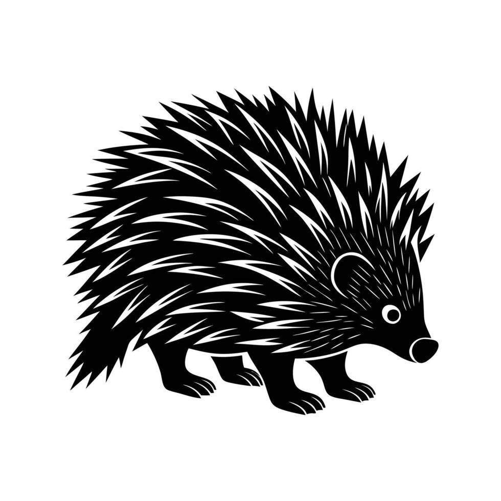 A black and white illustration of a hedgehog. vector