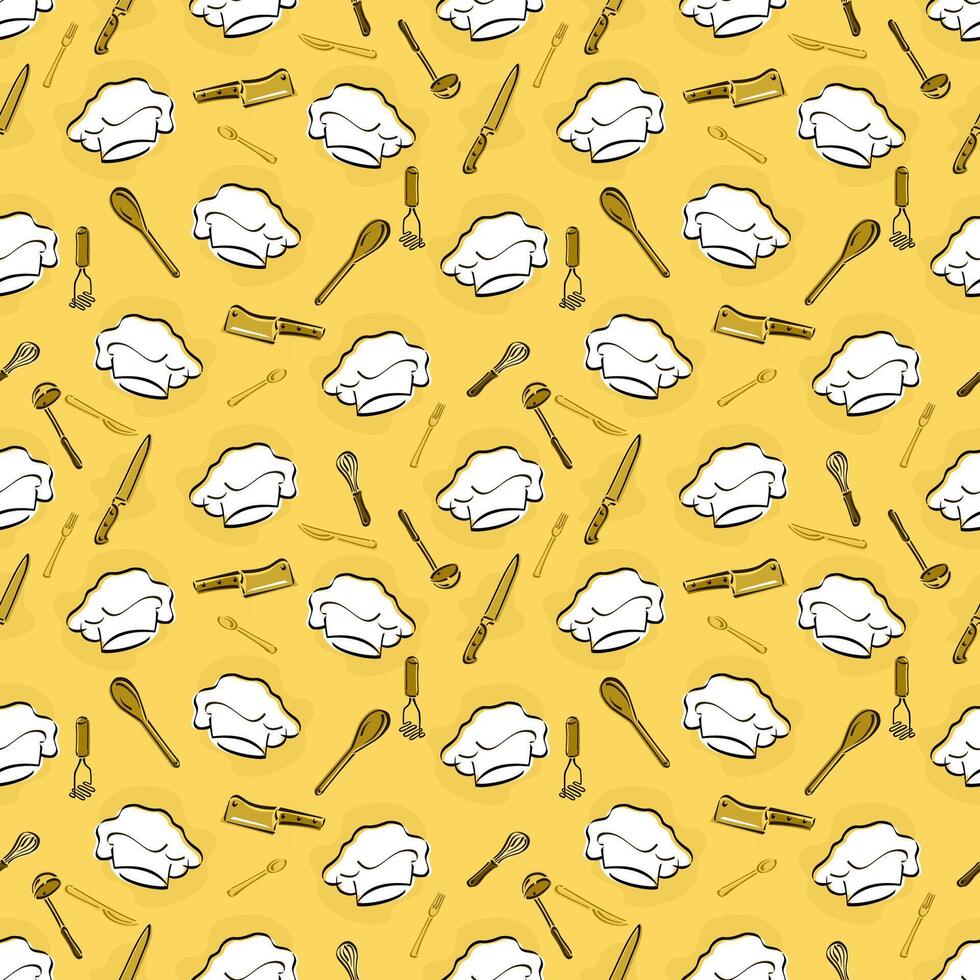 Illustration of a fun, playful pattern with cooking related items including chef's hats, spoons, forks, knives, whisks and other kitchen utensils on a bright yellow background. vector