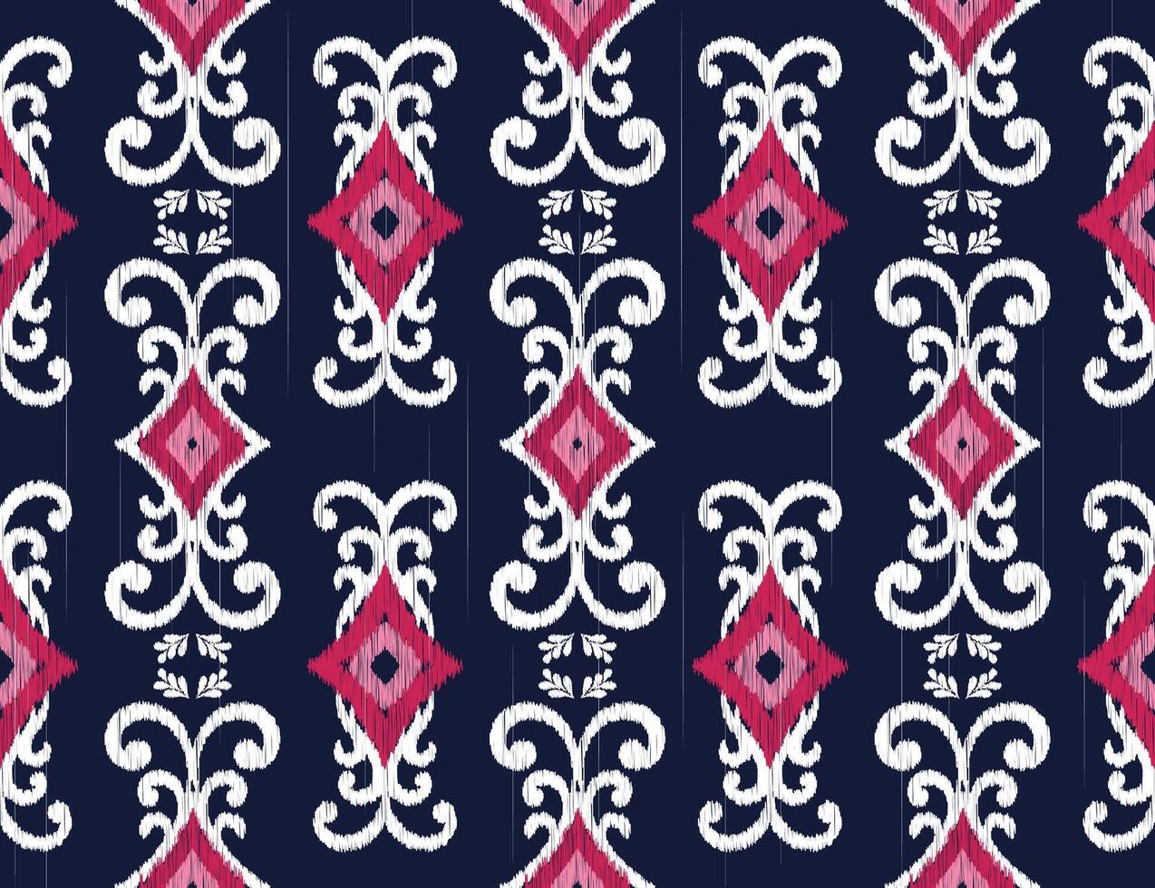White and pink ikat seamless pattern on dark blue background, designed for fabric prints, garment decorations, wallpaper, wrapping paper, and other printings vector