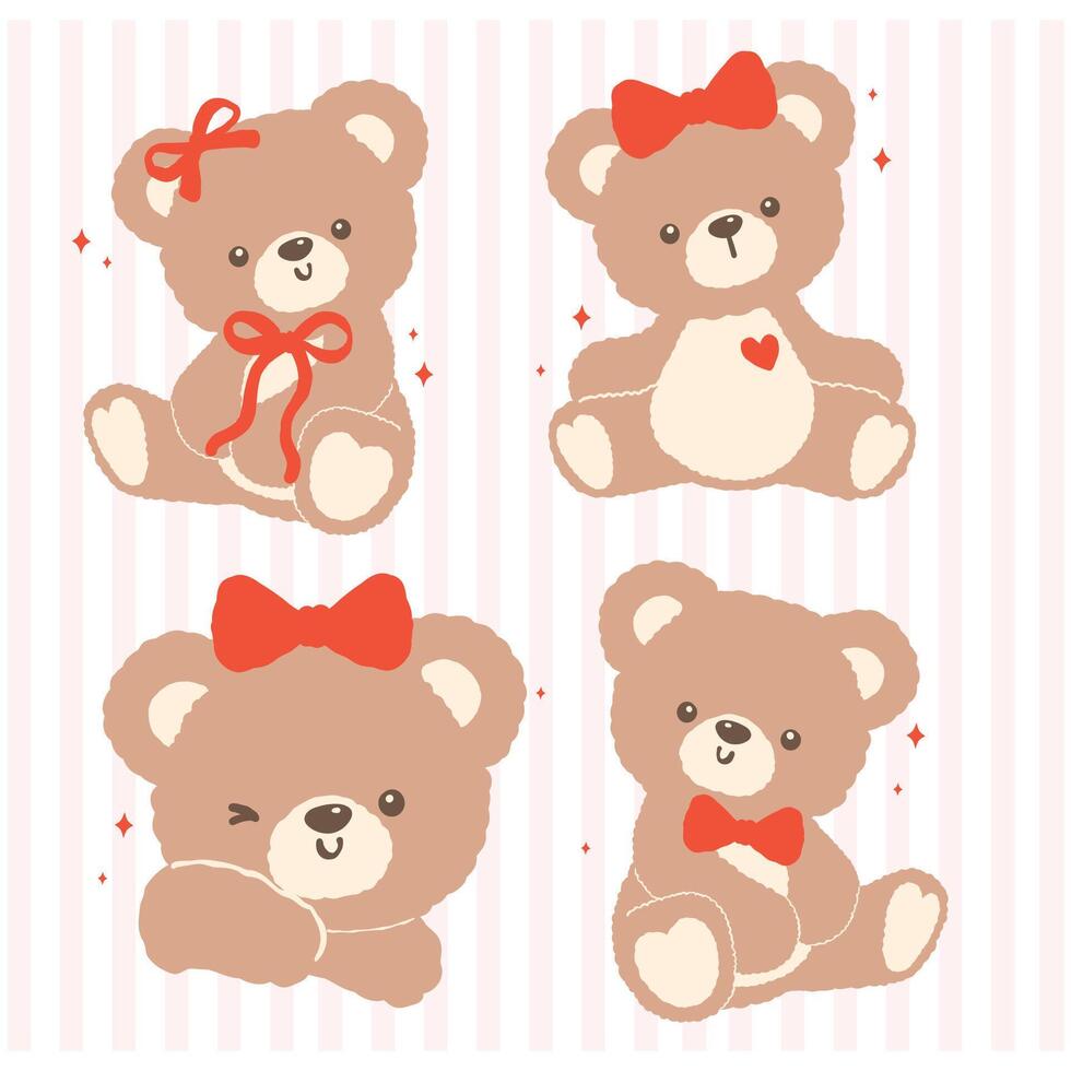 Retro Coquette Teddy Bear with Red Bow Cartoon Hand Drawn flat design set vector