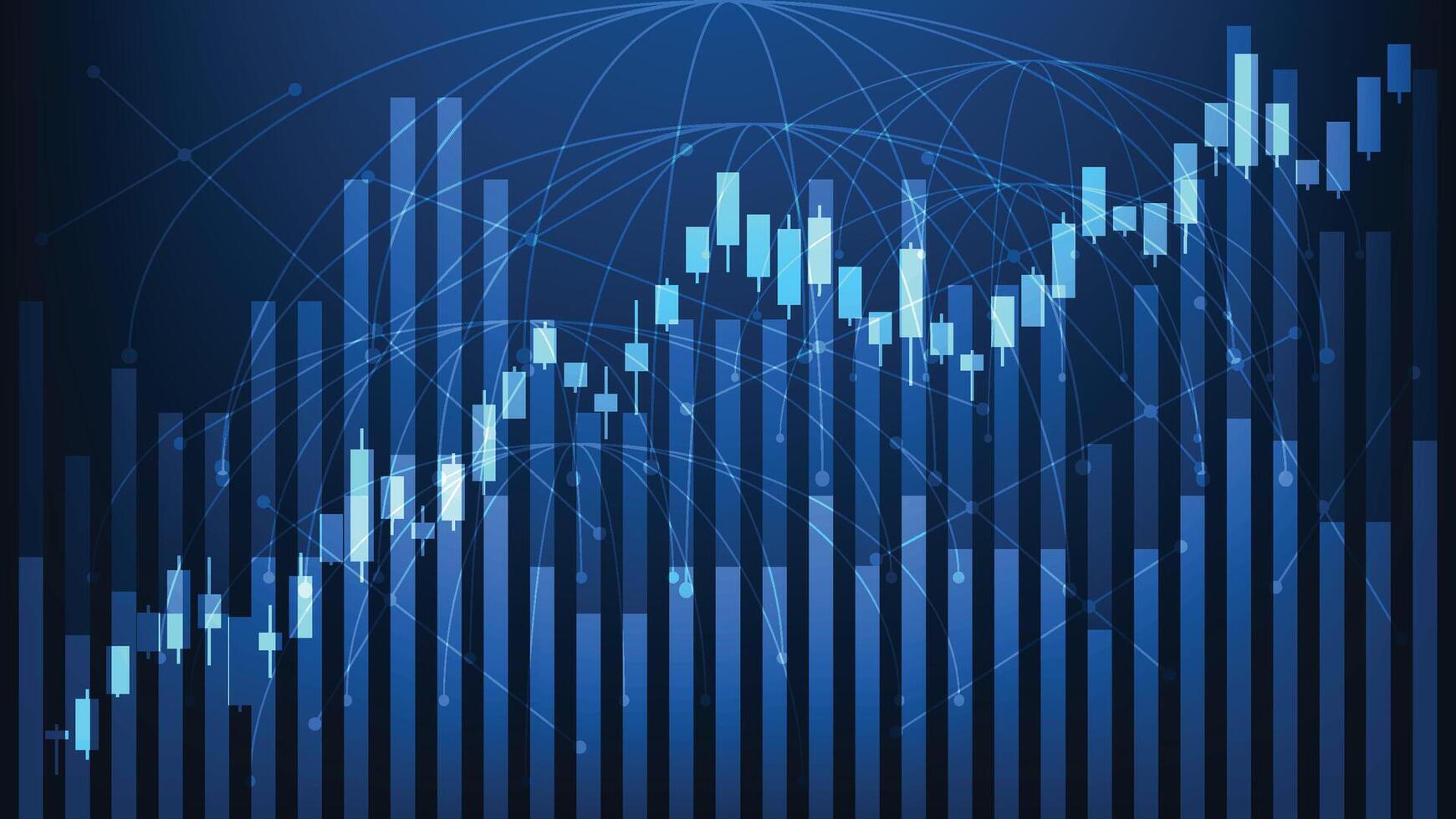 uptrend candlesticks chart with bar graph on blue background. business profit and finance investment vector
