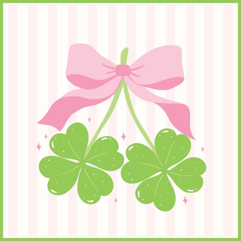 Coquette St Patricks Day 4 Leaf Clover with Bow Retro Girly Whimsical Hand Drawn vector