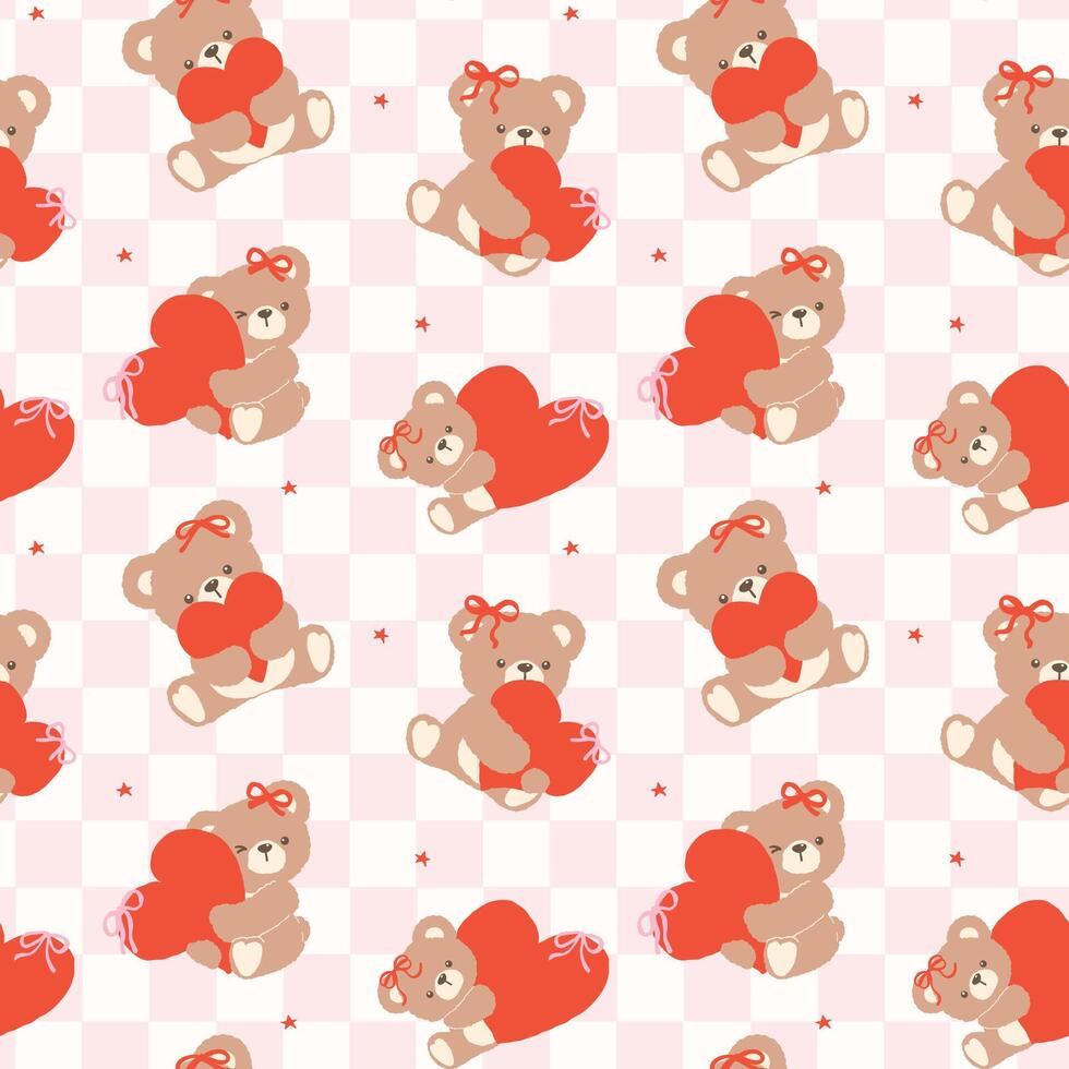 Seamless Pattern Retro Coquette Teddy Bear with Red Heart Cartoon Hand Drawn isolated on background vector