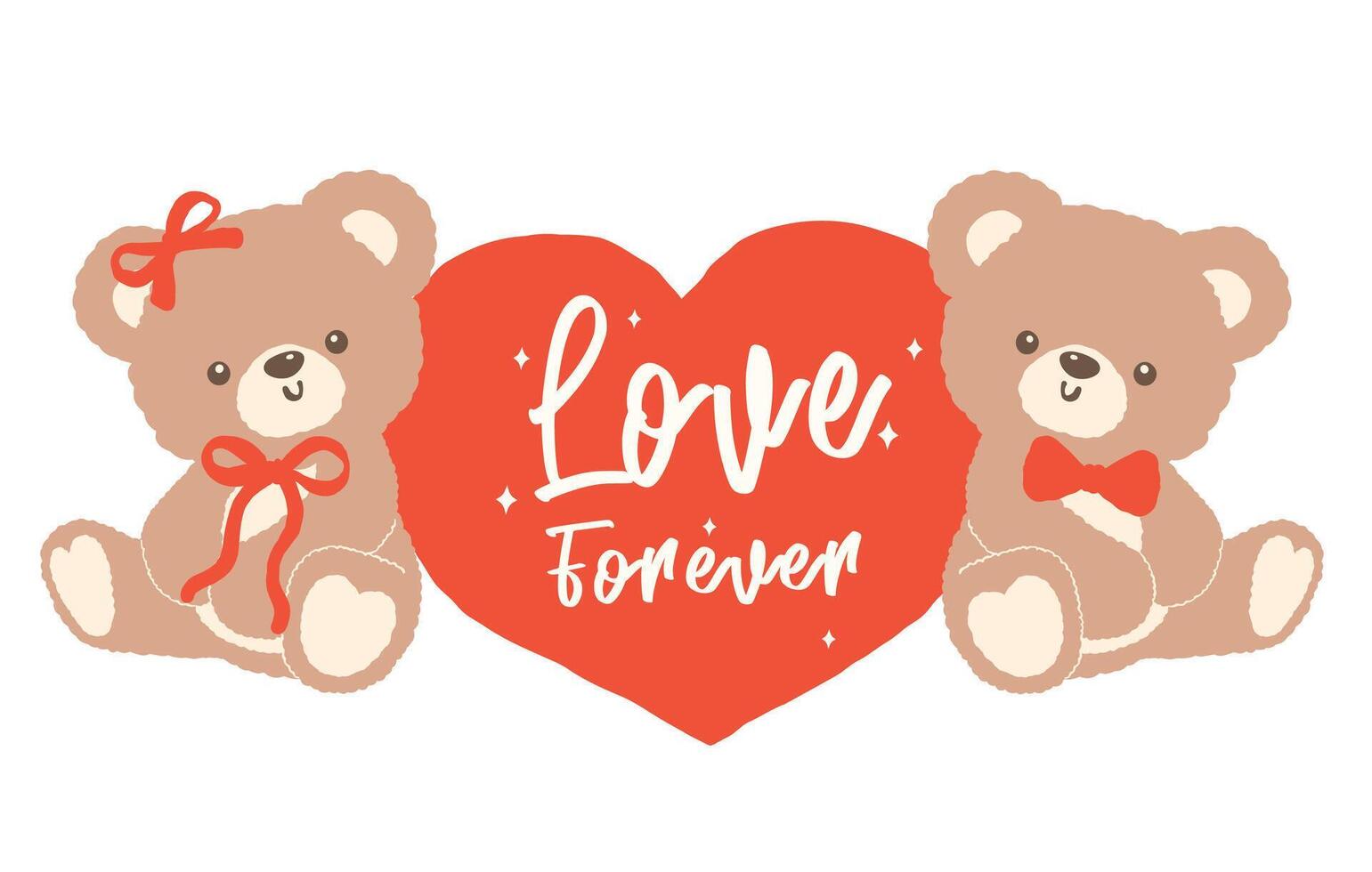 Retro Coquette Two Teddy Bears with Red Heart Valentine Cartoon Hand Drawn flat design vector