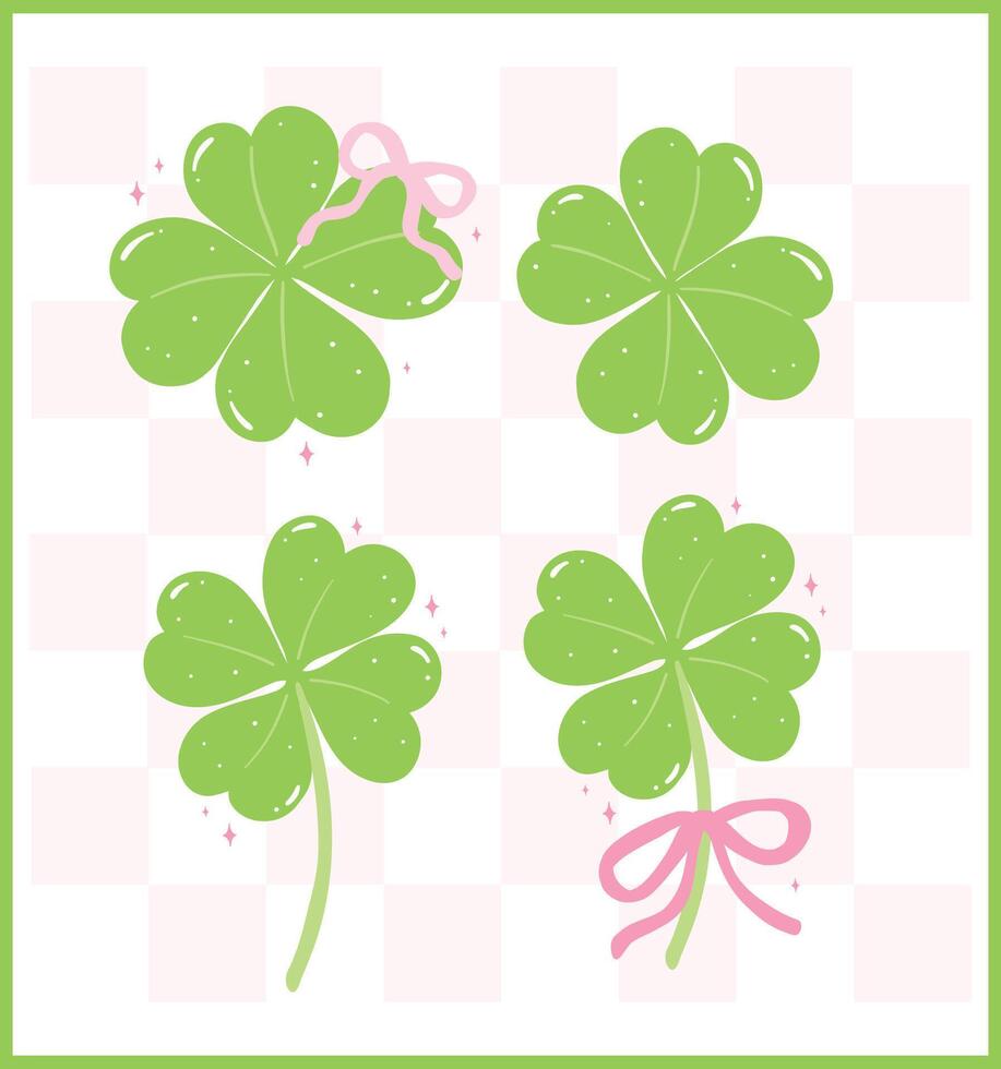 Coquette St Patricks Day 4 Leaf Clover with Ribbon Bow Retro Girly Whimsical Hand Drawn Set vector