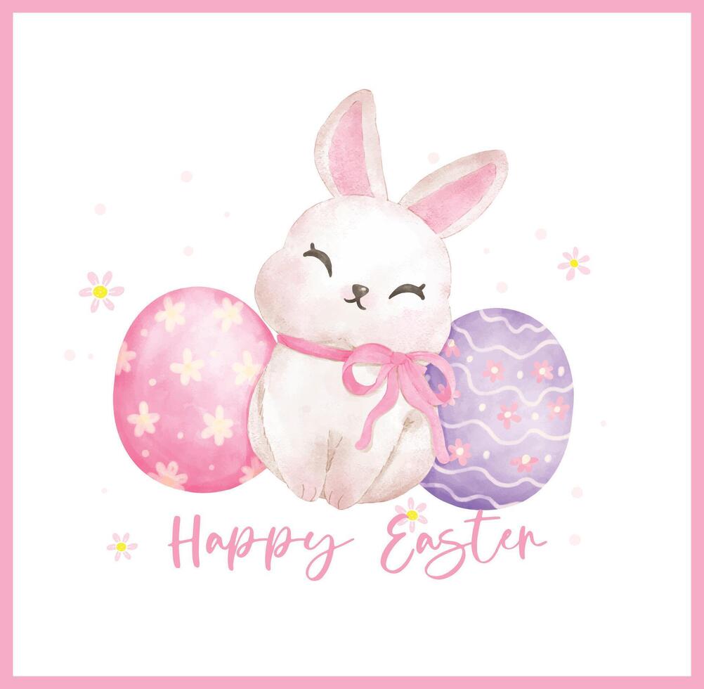 Spring Coquette Happy Easter Bunny Ribbon Bow with Eggs watercolor animal Hand Drawn vector