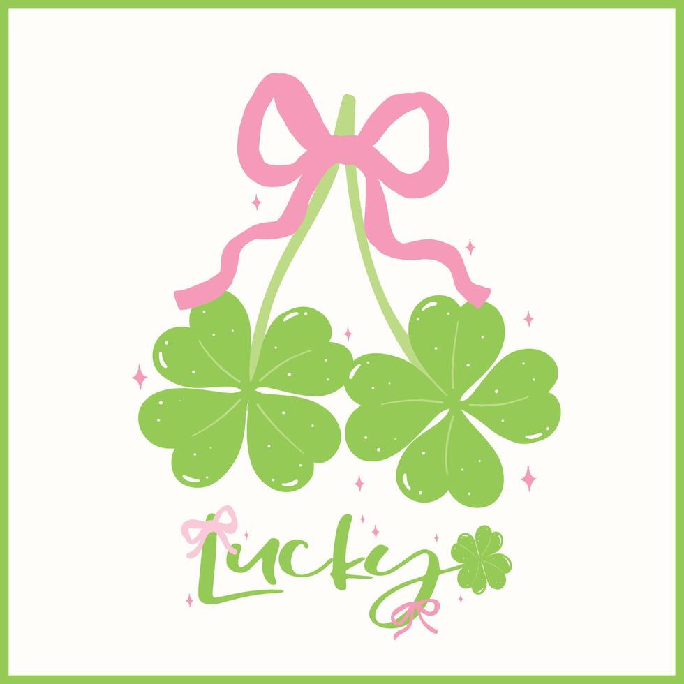 Coquette St Patricks Day 4 Leaf Clover Cherries liked with Ribbon Bow Girly Whimsical Hand Drawn vector