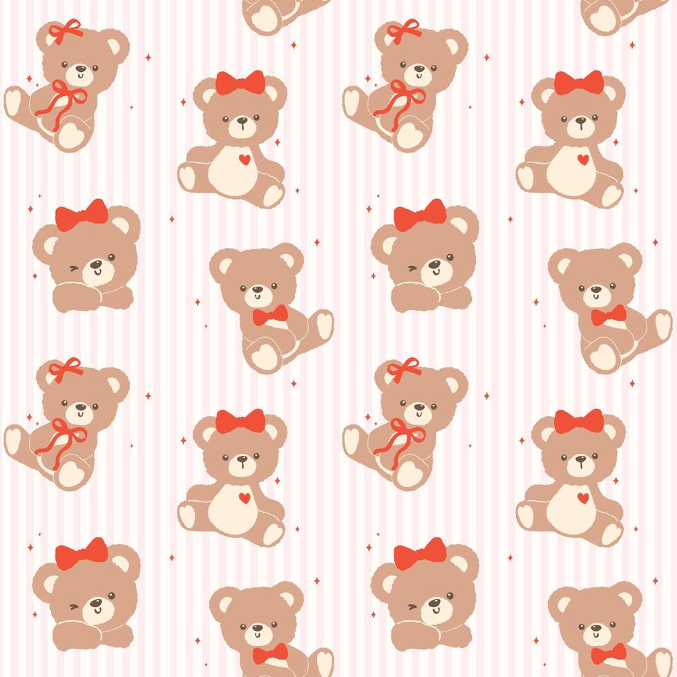 Seamless Pattern Retro Coquette Teddy Bear with Red Bow Cartoon Hand Drawn isolated on background vector