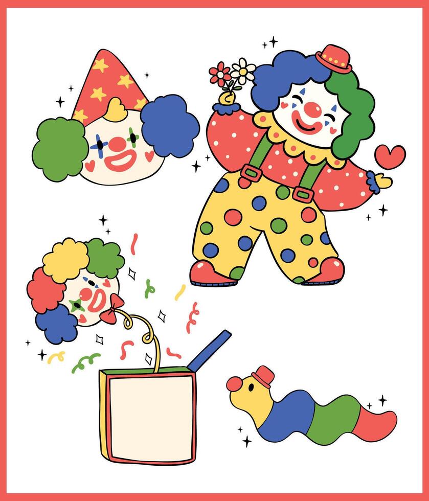 Vibrant Clown Characters Clowncore Cartoon Hand Drawn Doodle set vector