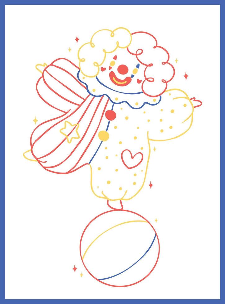 Playful Clown on ball Clowncore Colorful Line Cartoon Hand Drawn Doodle vector