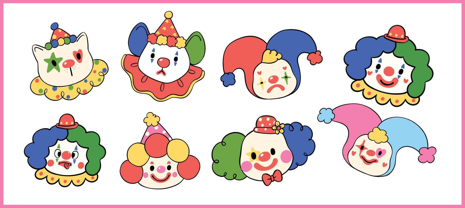 Vibrant Clown Emotional Faces Clowncore Cartoon Hand Drawn Doodle set vector