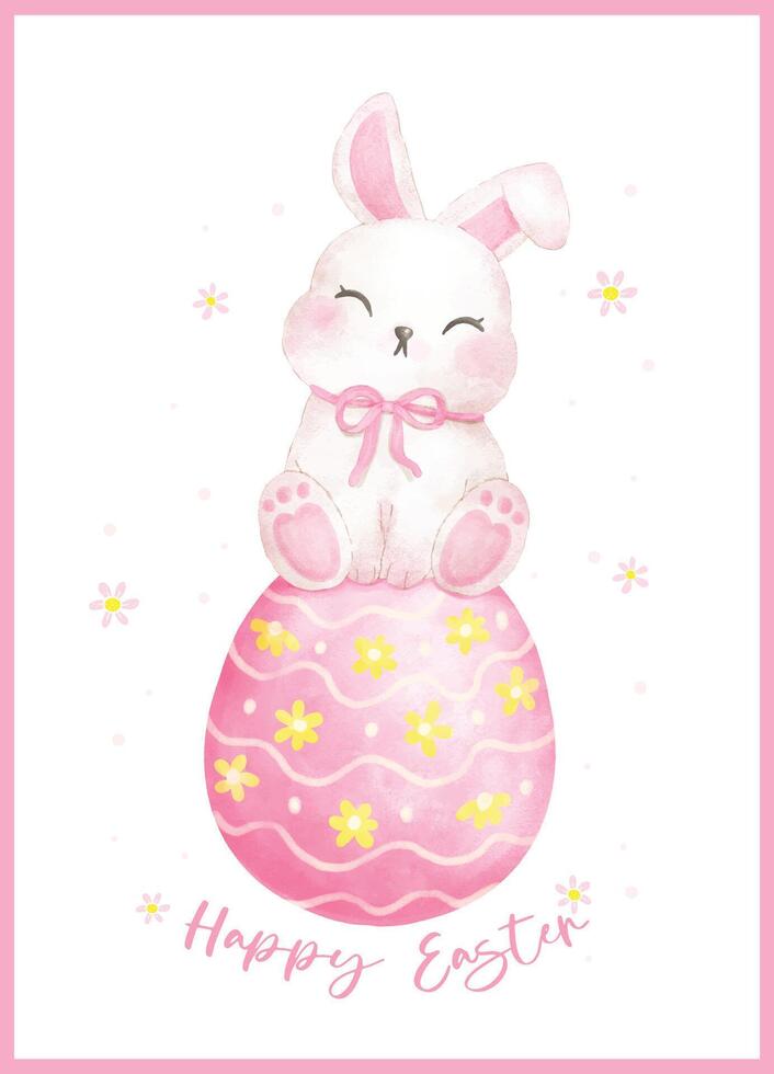 Whimsical Coquette Happy Easter Bunny Ribbon Bow sit on pink Egg watercolor animal Hand Drawn vector