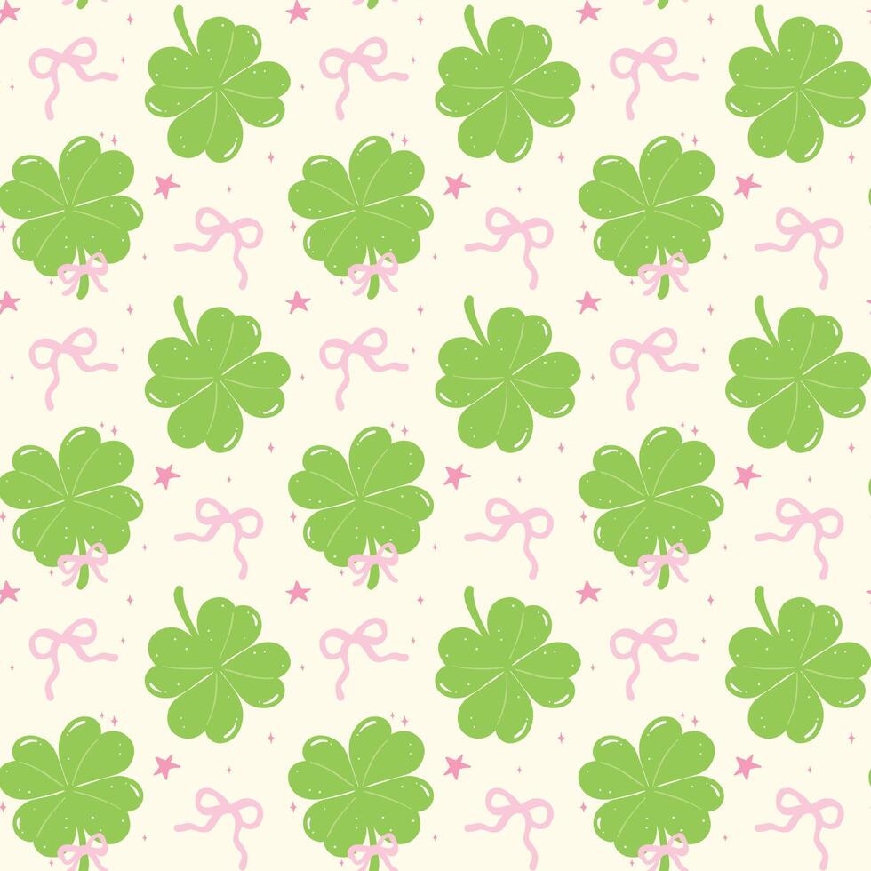 Seamless Pattern Coquette St Patricks Day Lucky four Leaf Clover with Ribbon Bow Isolated on Background vector