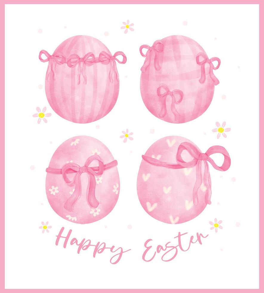Group of Whimsical Coquette Happy Easter Pink Eggs watercolor Hand Drawn vector