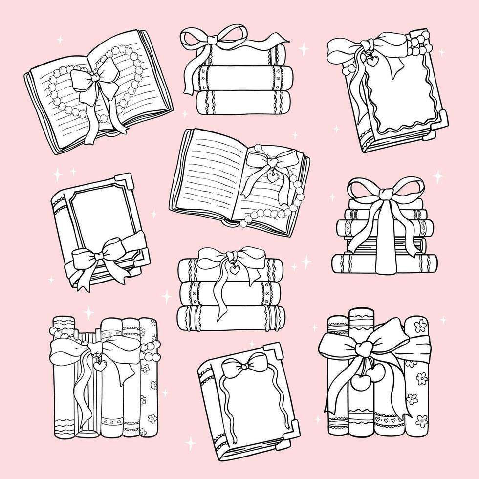 Coquette Books with Ribbon Bow Outline Hand Drawn Black and White Coloring Images set vector