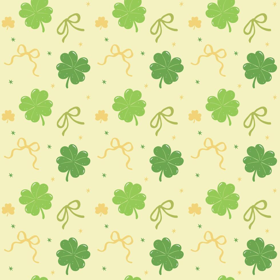 Seamless Pattern Coquette St Patricks Day four Leaf Clover with Bow Retro wallpaper Isolated on Background vector