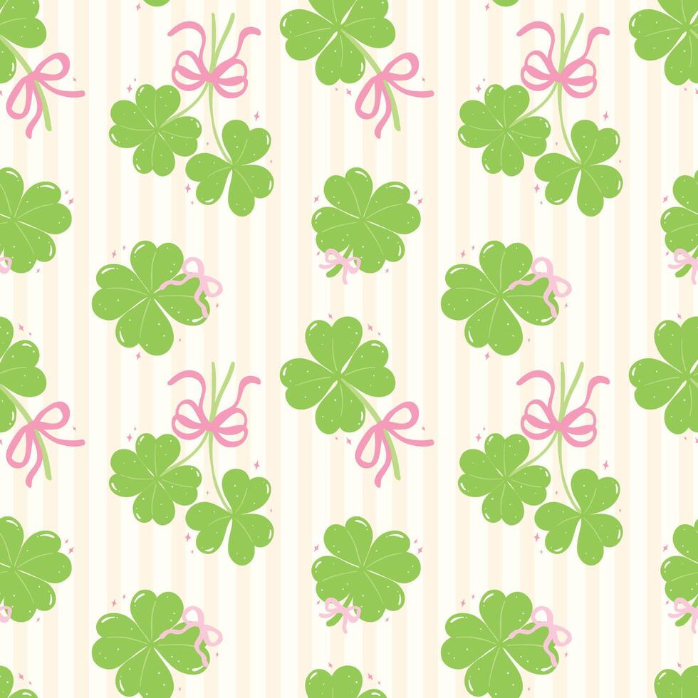 Seamless Pattern Coquette St Patricks Day four Leaf Clover with Ribbon Bow Isolated on Background vector