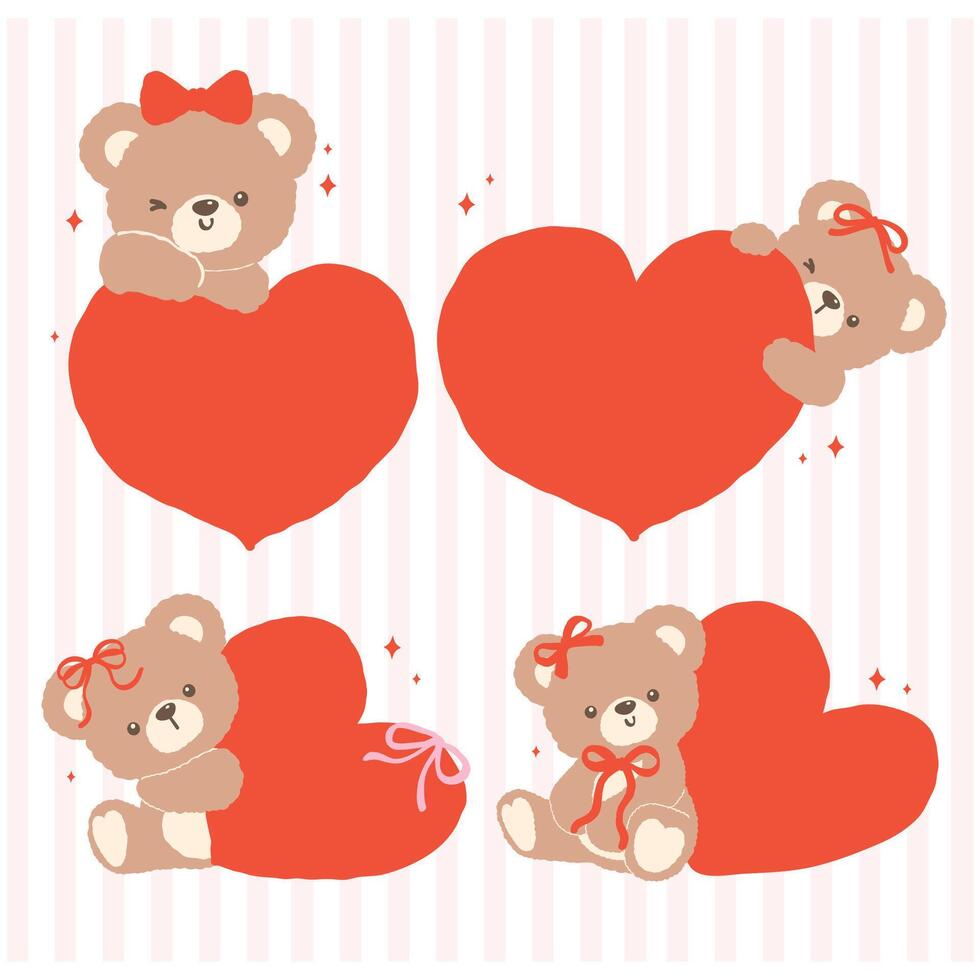 Retro Coquette Teddy Bear with Red Heart Valentine Cartoon Hand Drawn flat design set vector