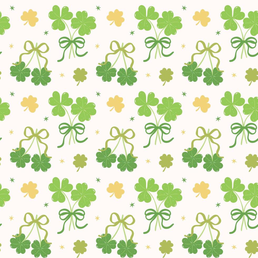 Seamless Pattern Coquette St Patricks Day Lucky four Leaf Clover with Bow Retro Cherry liked Isolated on Background vector