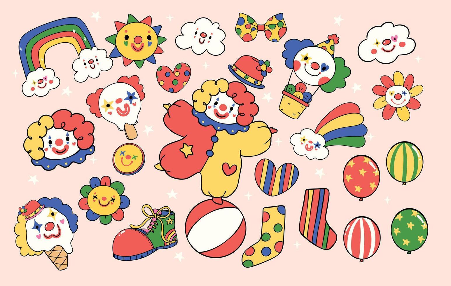 Playful and Whimsical Clown Elements Clowncore Cartoon with Hand Drawn Doodle Aesthetic Clipart Set vector