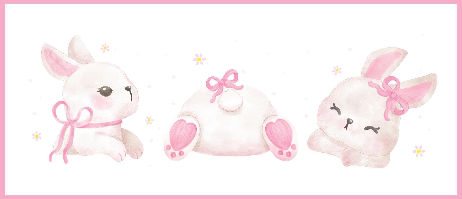 Whimsical Coquette White Bunny with Pink Ribbon Bow watercolor animal Hand Drawn set vector