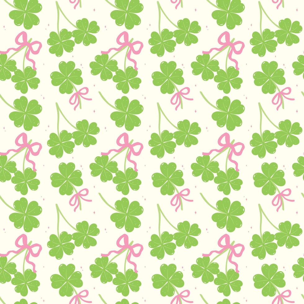 Seamless Pattern Coquette St Patricks Day 4 Leaf Clover with Ribbon Bow Isolated on Background vector