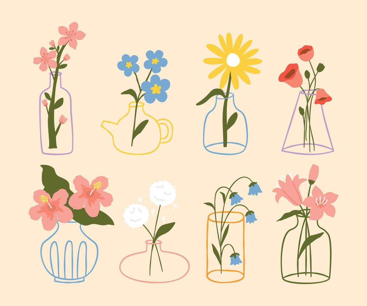 A collection of delicate and aesthetic floral arrangements in minimalist vases vector
