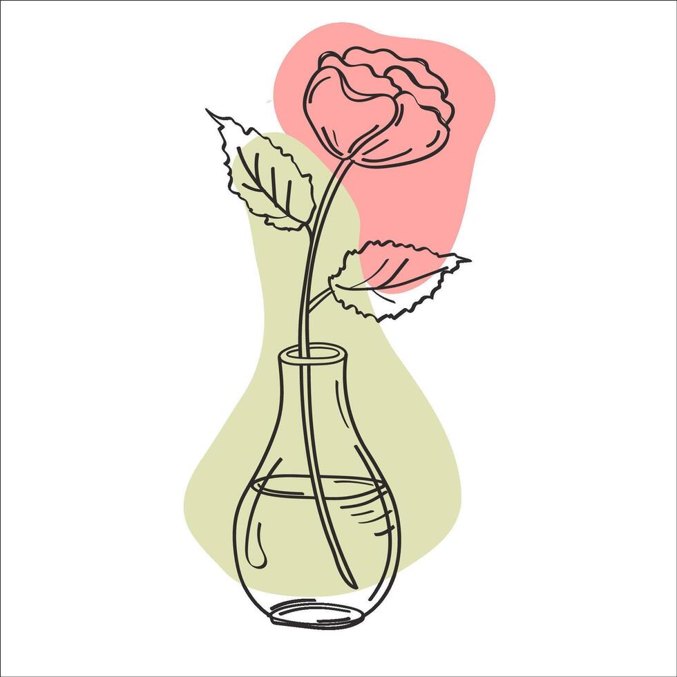 Rose in transparent round vase. Line Art illustration with color abstract background. line art detailed illustration. illustration vector