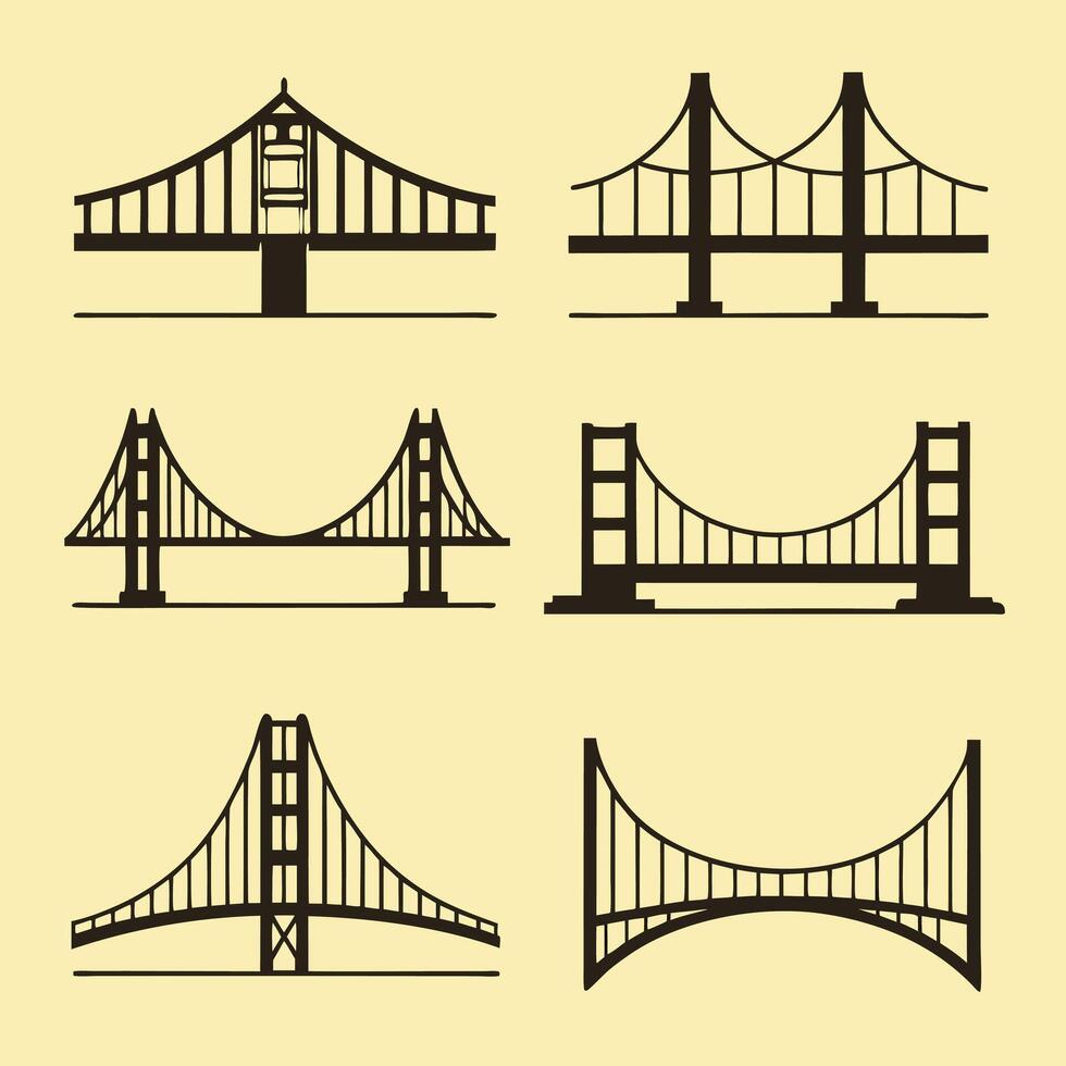 Black Bridge Icon Set Simple Silhouettes vector
