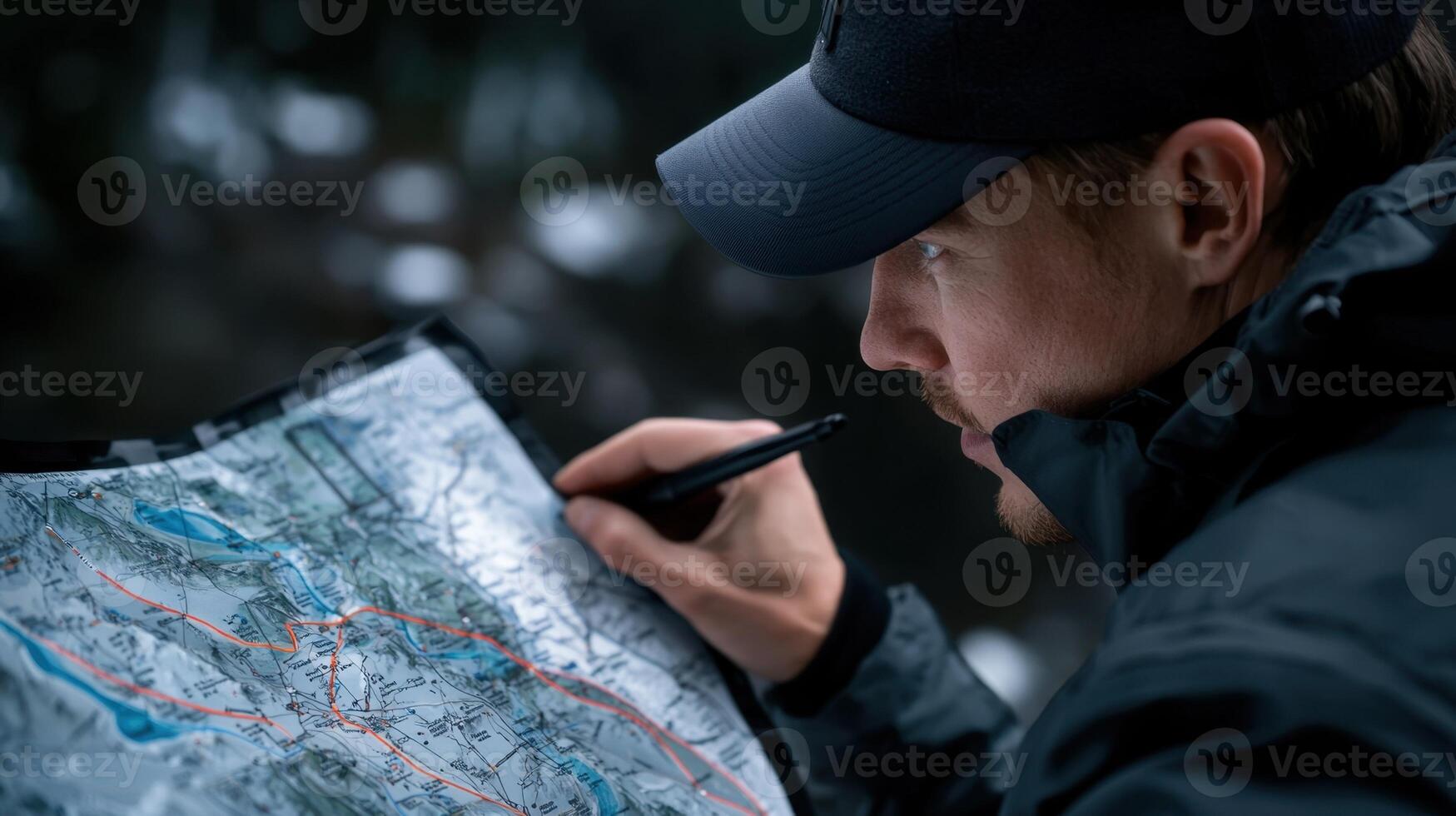 A man in a black jacket and hat looking at a map photo
