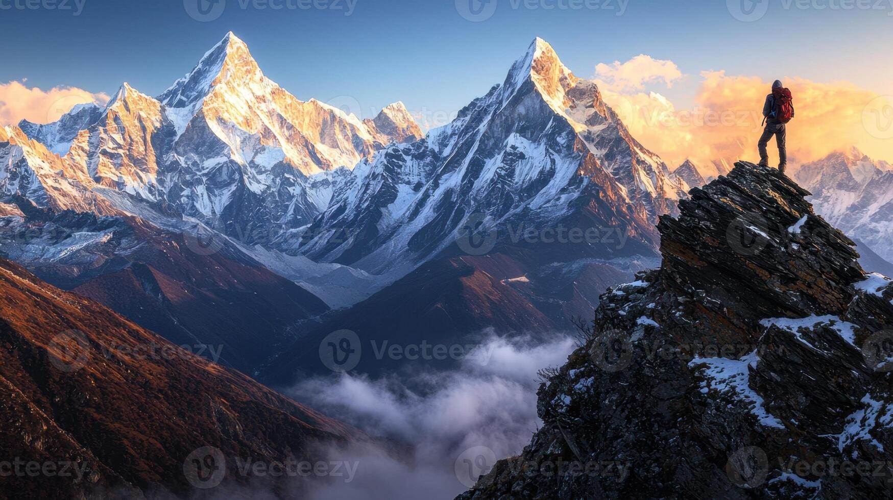 A man standing on top of a mountain with the sun setting behind him photo
