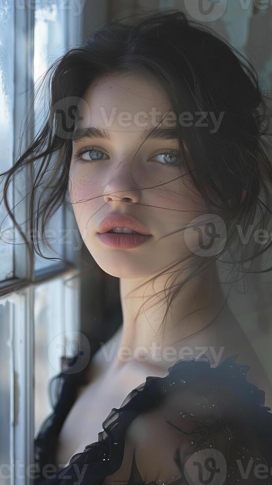 A woman with blue eyes looking out a window photo