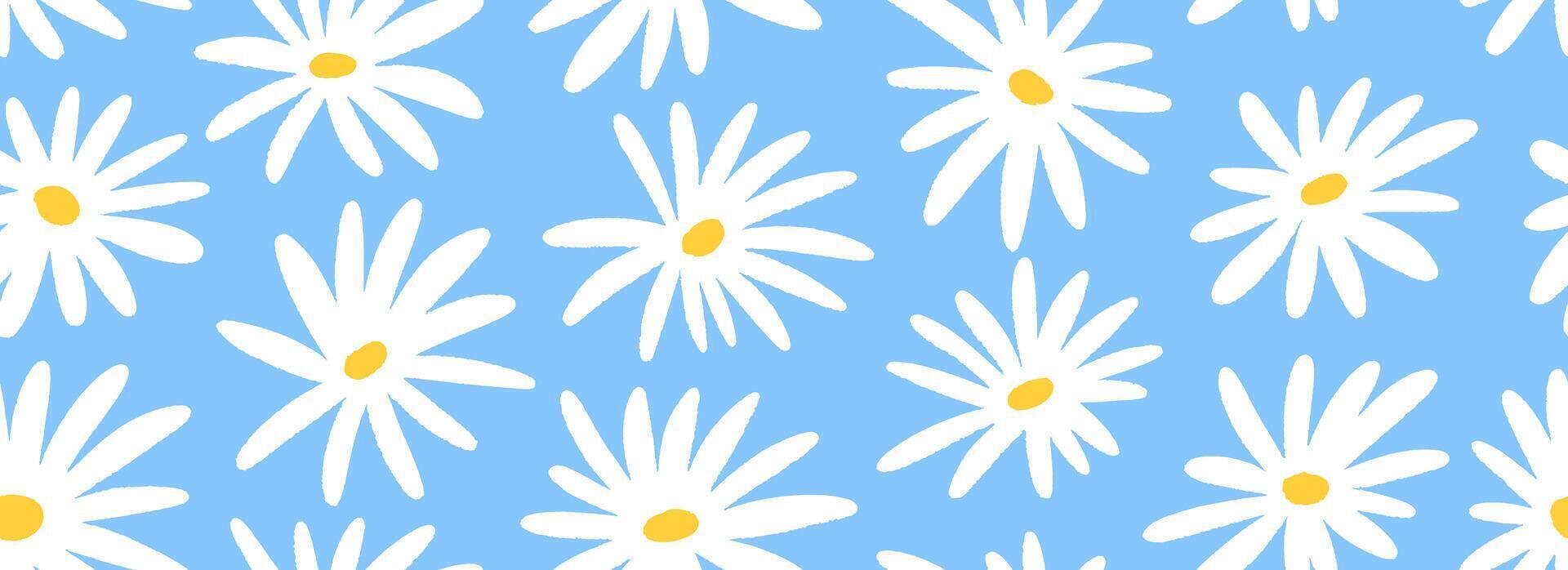 Hand drawn chamomile seamless pattern. Floral repeating wallpaper for textile, fabric, print, wrapping paper. Cute daisy flowers on blue background. Repeated texture vector