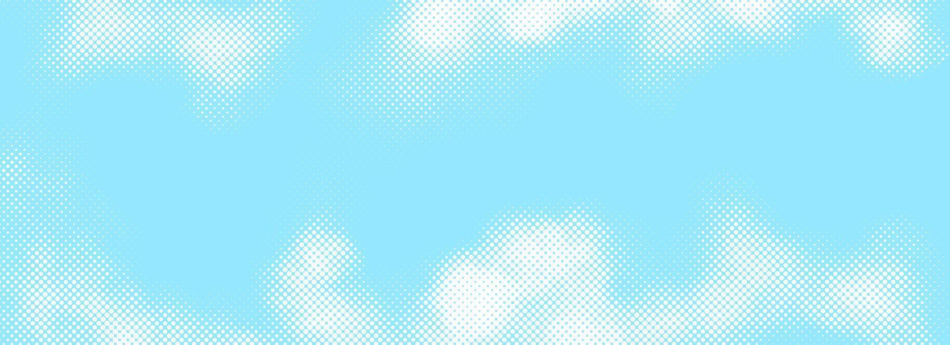 Dotted comic cloud background. White halftone clouds in sky. Pop art heaven wallpaper for banner, brochure, collage, poster, leaflet. Pixelated smoke, smog or fog texture. vector
