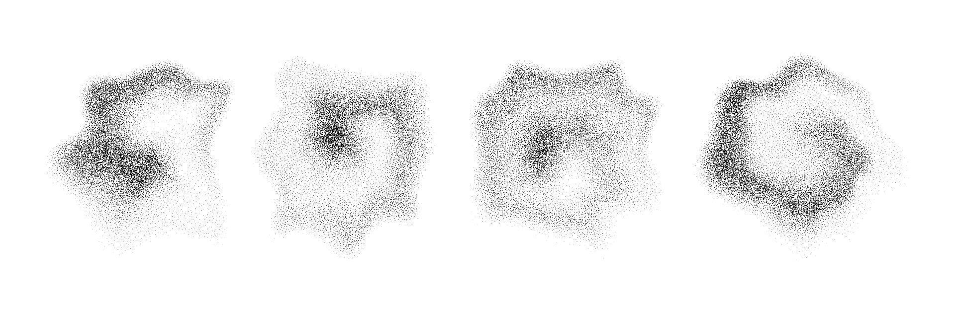 Fluid stippled gradient drop shapes. Grainy spray spots and stains. Black dotted liquid object set. Noise splashes and splatters forms. Dissolve sand dust texture. fading halfton elements vector