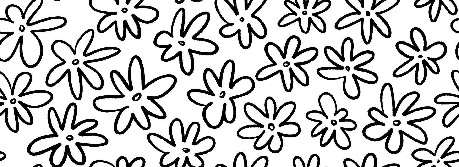 Seamless hand drawn floral pattern. Paint drawn flower motif background for fabric, cover, decor, textile print. Repeating botanical brush stroke ornament. Black and white bloom wallpaper vector