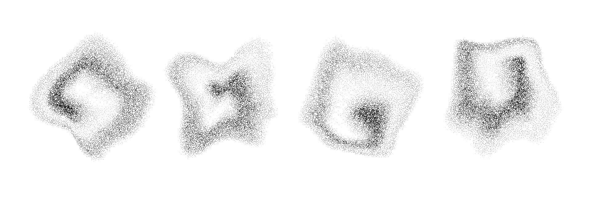 Fluid dotted gradient drop shapes. Grainy spray spots and stains. Black stippled liquid object set. Noise splashes and splatters forms. Dissolving sand dust texture. Fading halfton elements vector