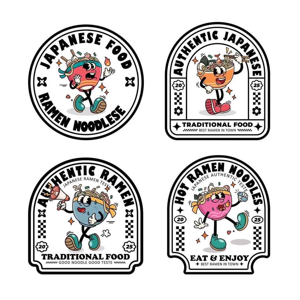 Set of Labels Badges Ramen Japanese Food Cartoon Illustration with Varied Poses and Expressions vector