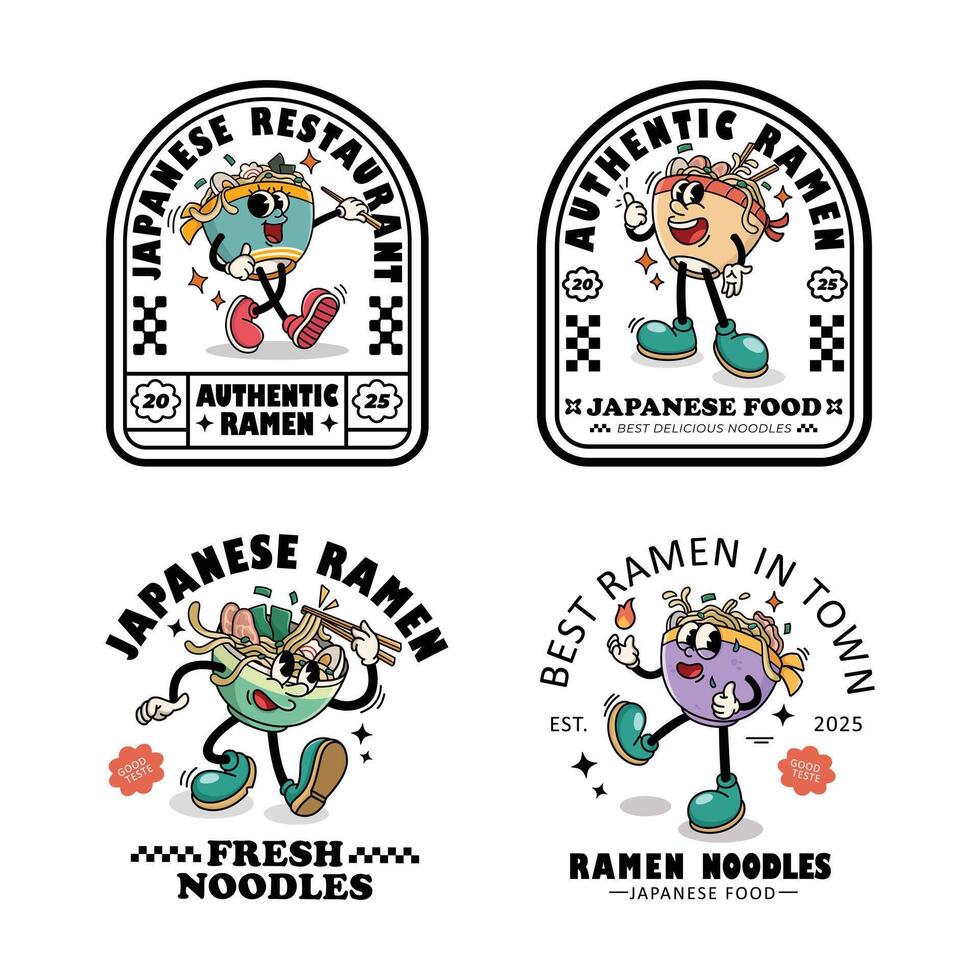 Set of Labels Badges Ramen Japanese Food Retro Cartoon Illustration with Varied Poses and Expressions vector