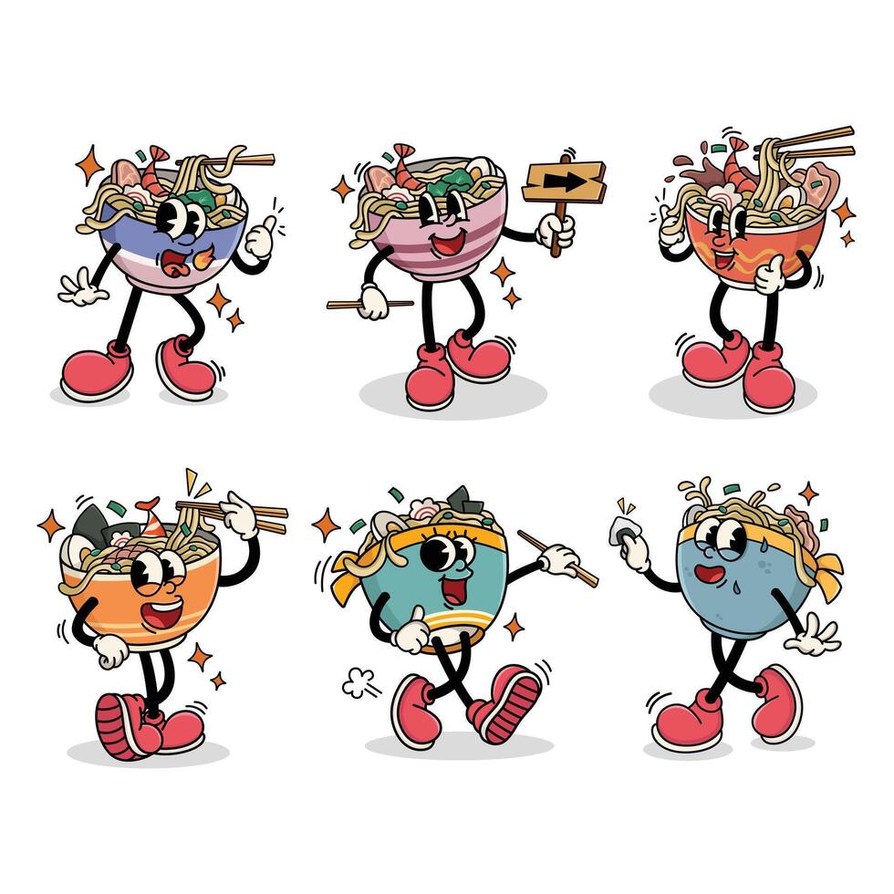 Traditional Ramen Japanese Food Cartoon Illustration with Varied Poses and Expressions vector
