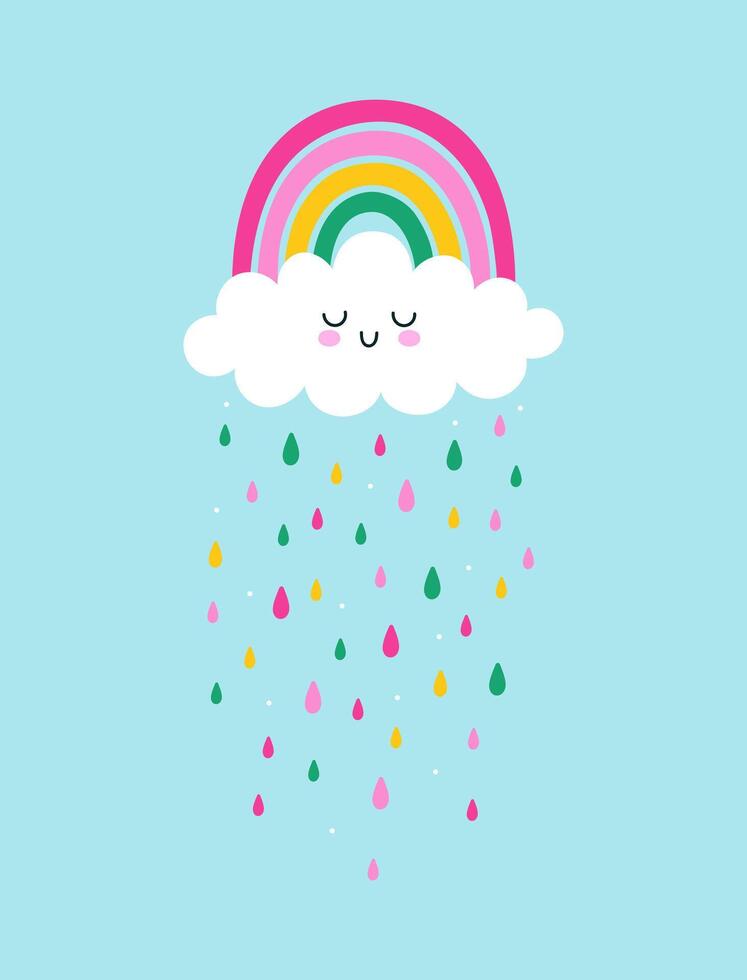 Children's postcard or poster with cloud, rainbow and rain. graphics. vector