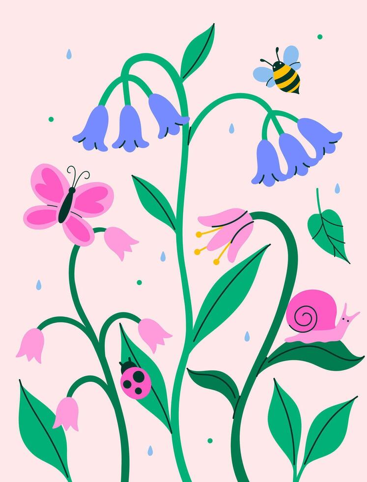 Postcard or poster with flowers and insects. graphics. vector
