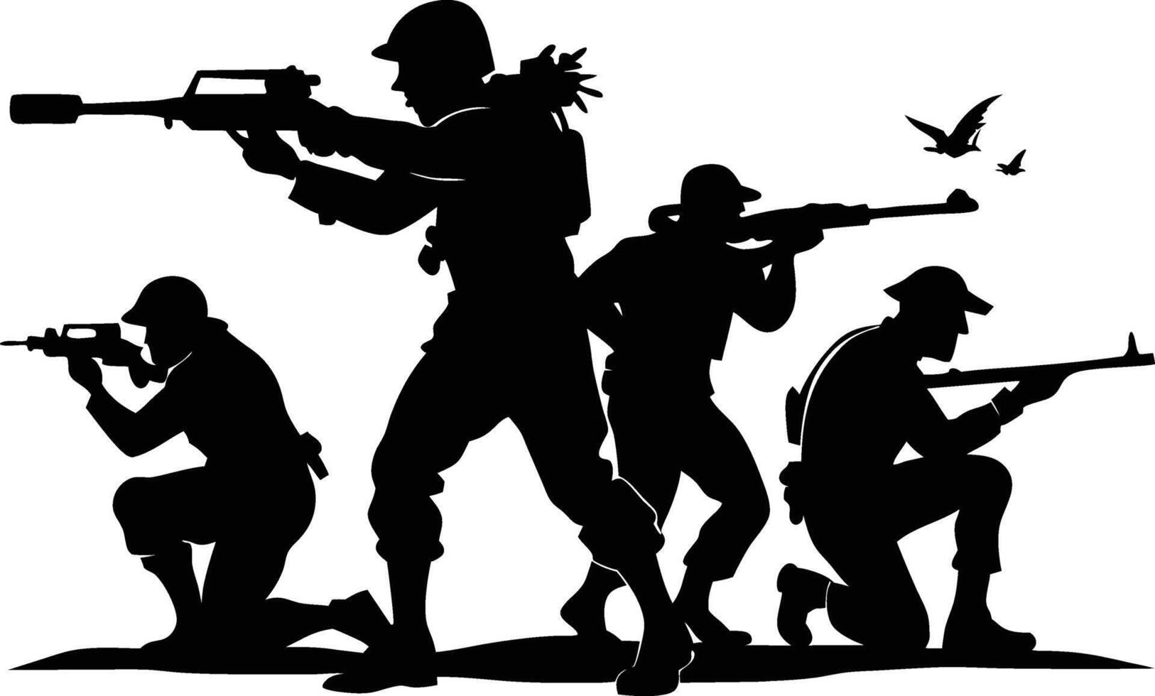 Soldiers in various shooting stances, such as prone, kneeling, and standing. Silhouette Illustration vector