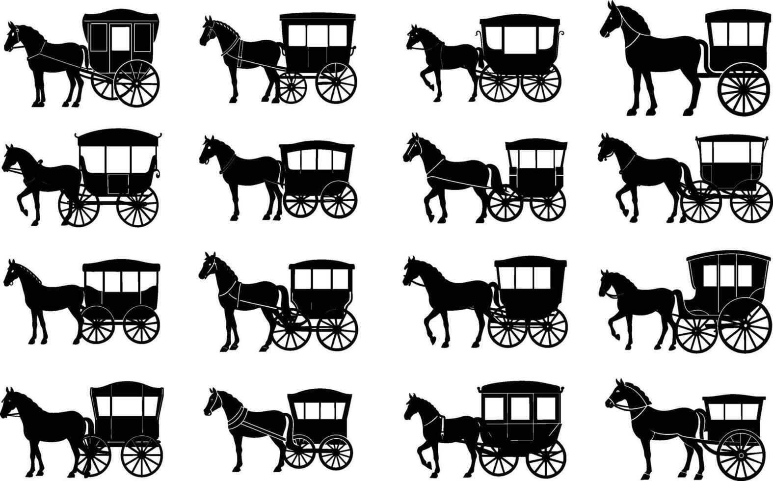 Set of Horse Vehicle Silhouette Traditional Carriage Illustration Design vector