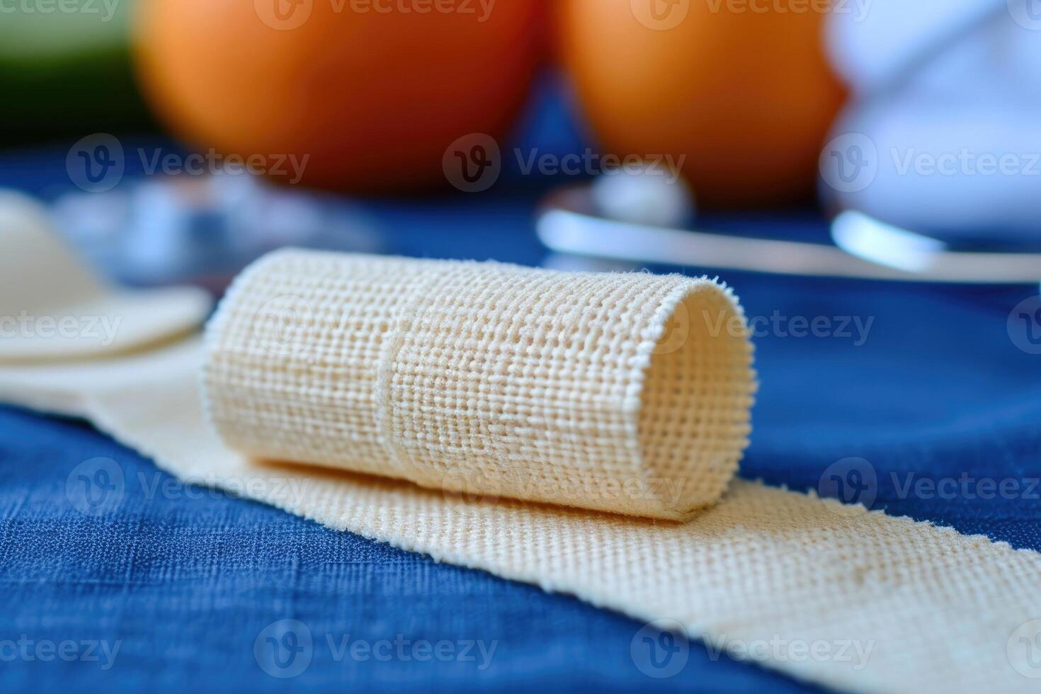A roll of cloth on a blue cloth photo