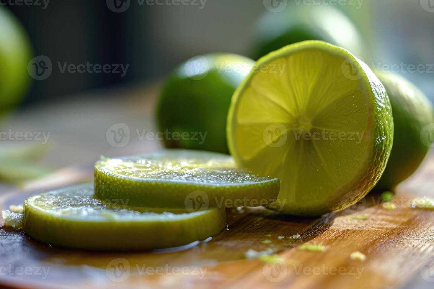 A cutting board with sliced limes photo
