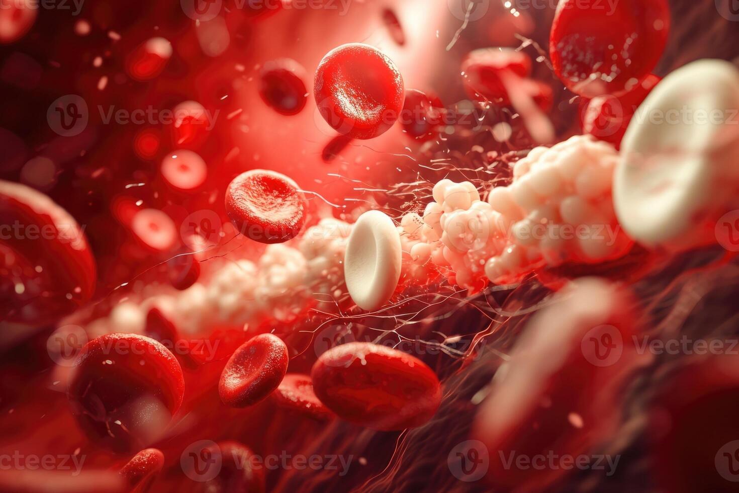 Red blood cells and white blood cells in a blood vessel photo