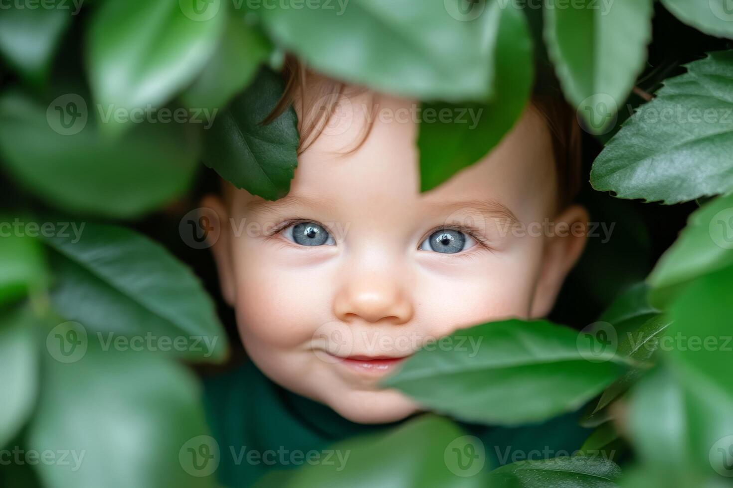 Blue-eyed baby peeking through green leaves on a sunny day in a garden setting photo