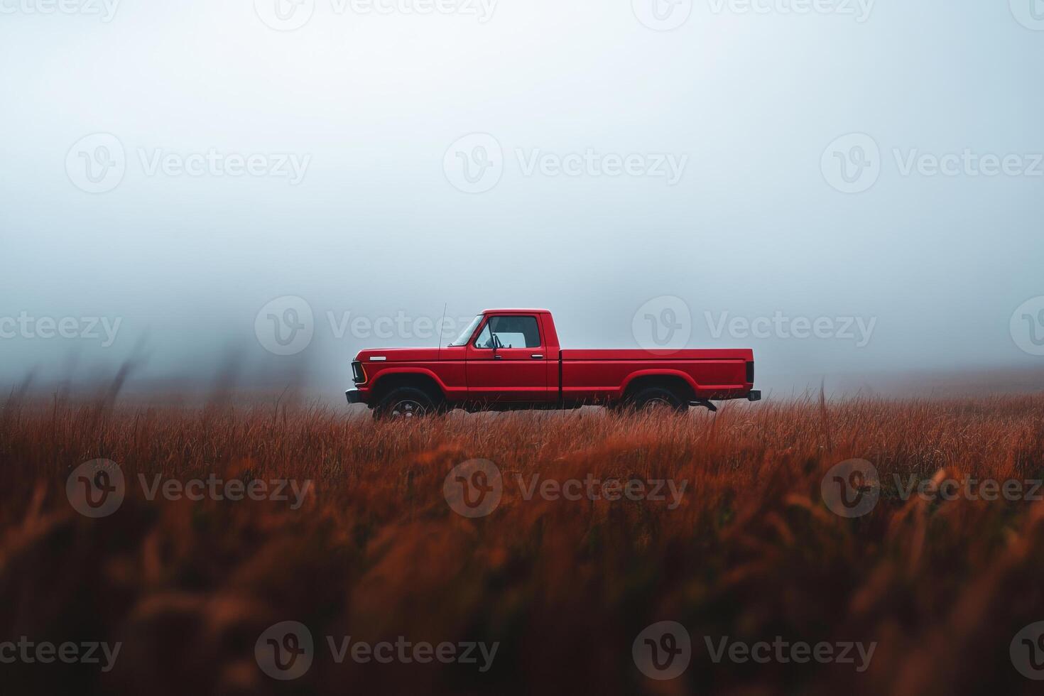 Classic red pickup truck parked in a misty field during early morning light photo